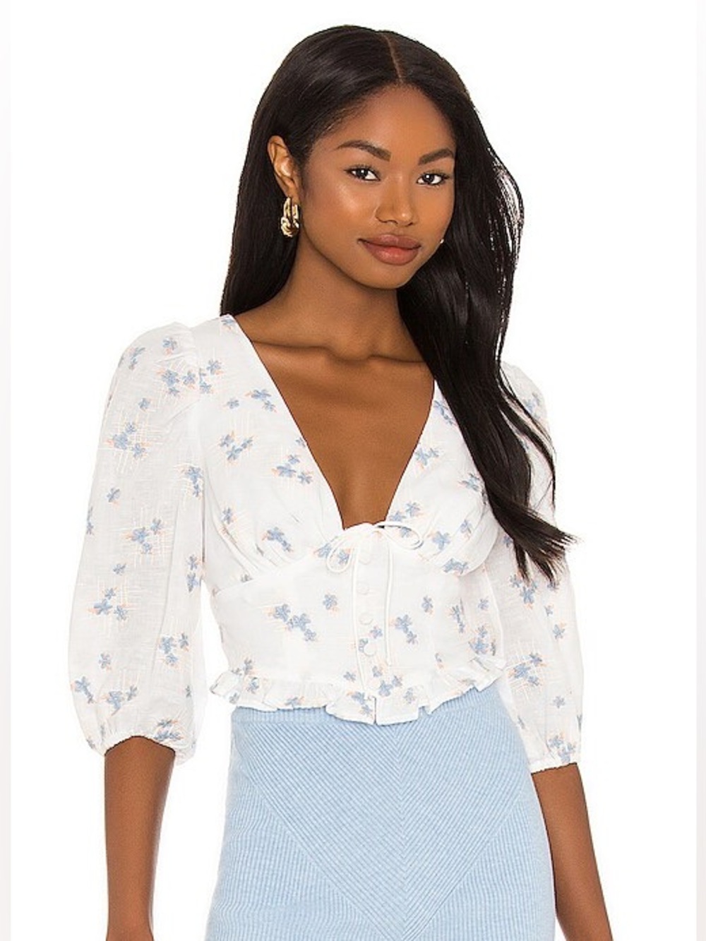 For Love &Lemons Callie Linen Top White Size S Boho Festival Puff Sleeve Floral